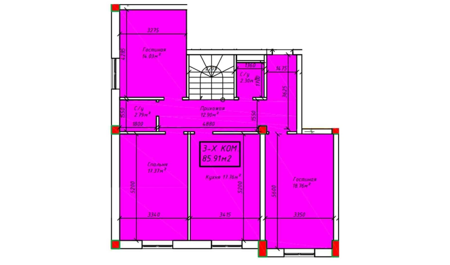 3-комнатная квартира 85.91 м²  1/1 этаж