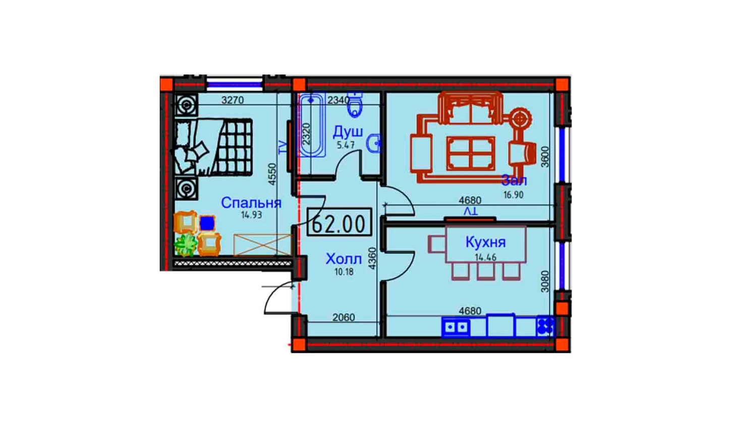 2-комнатная квартира 62 м²  1/1 этаж