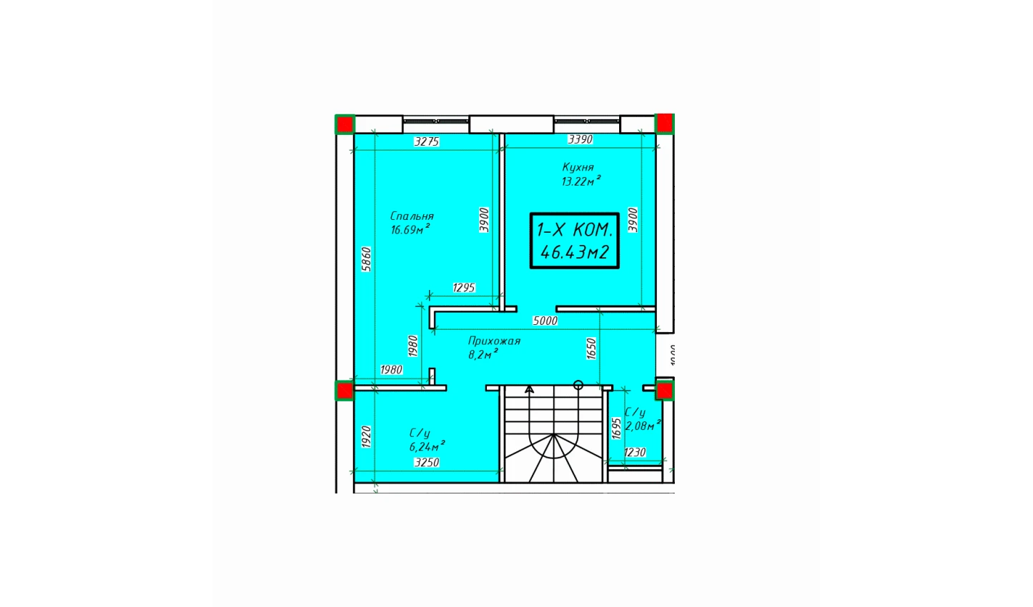 1-xonali xonadon 46.43 m²  1/1 qavat