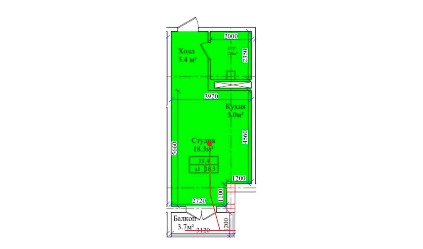 1-комнатная квартира 33.4 м²  2/2 этаж