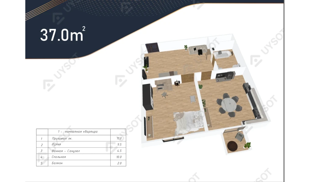 1-комнатная квартира 37 м²  2/2 этаж