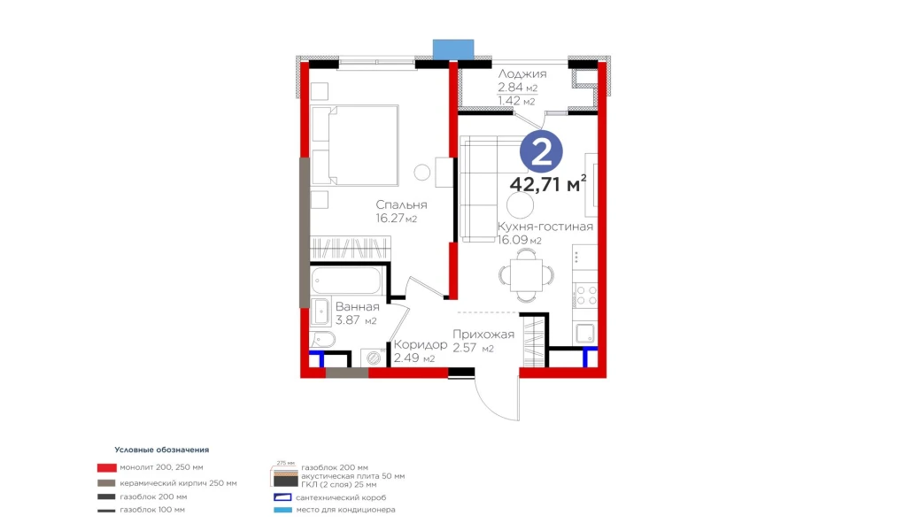 2-комнатная квартира 42.71 м²  9/9 этаж