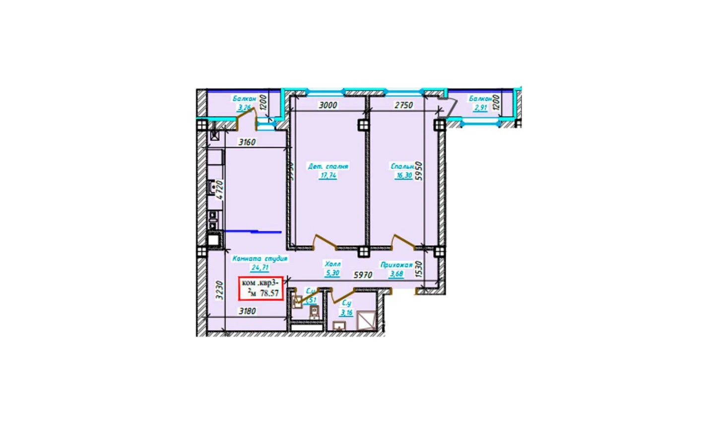 3-xonali xonadon 78.57 m²  8/8 qavat