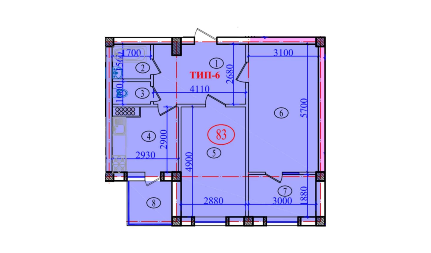 2-xonali xonadon 73.2 m²  8/8 qavat