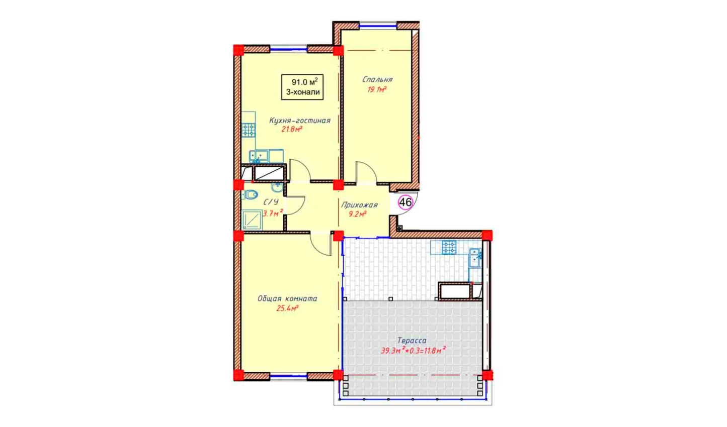 2-комнатная квартира 91 м²  10/10 этаж