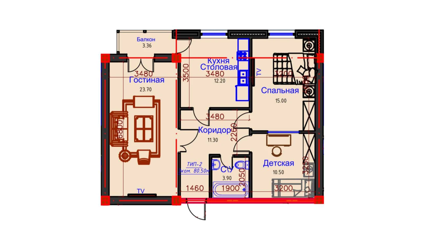 6-комнатная квартира 80.5 м²  9/9 этаж