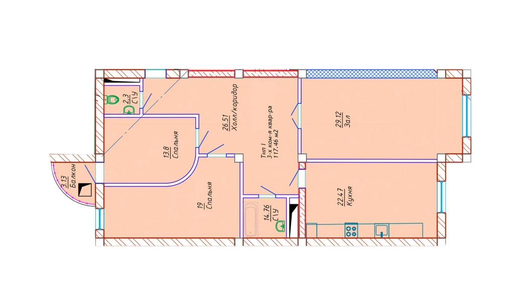 3-комн. квартира 117.46 м²  3/10 этаж | Жилой комплекс Samarqand Park Avenue