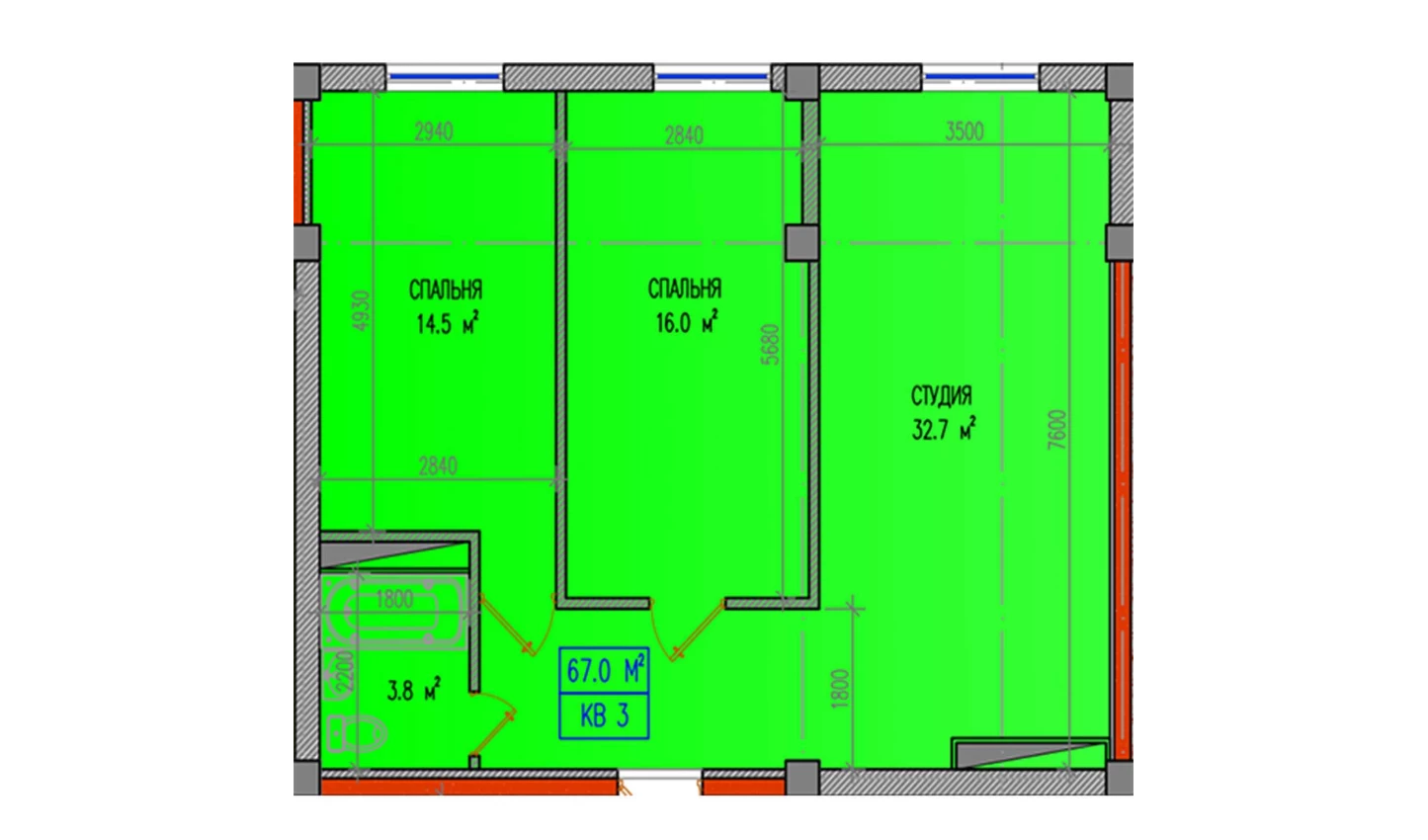 3-xonali xonadon 67 m²  1/1 qavat