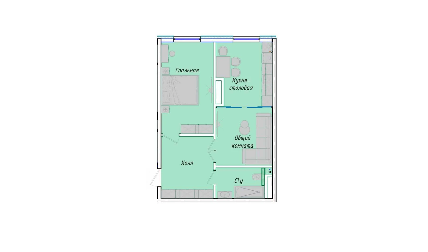 2-комнатная квартира 50.85 м²  1/1 этаж