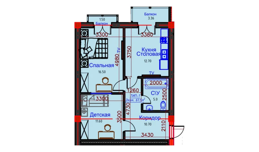 2-комнатная квартира 61.5 м²  9/9 этаж