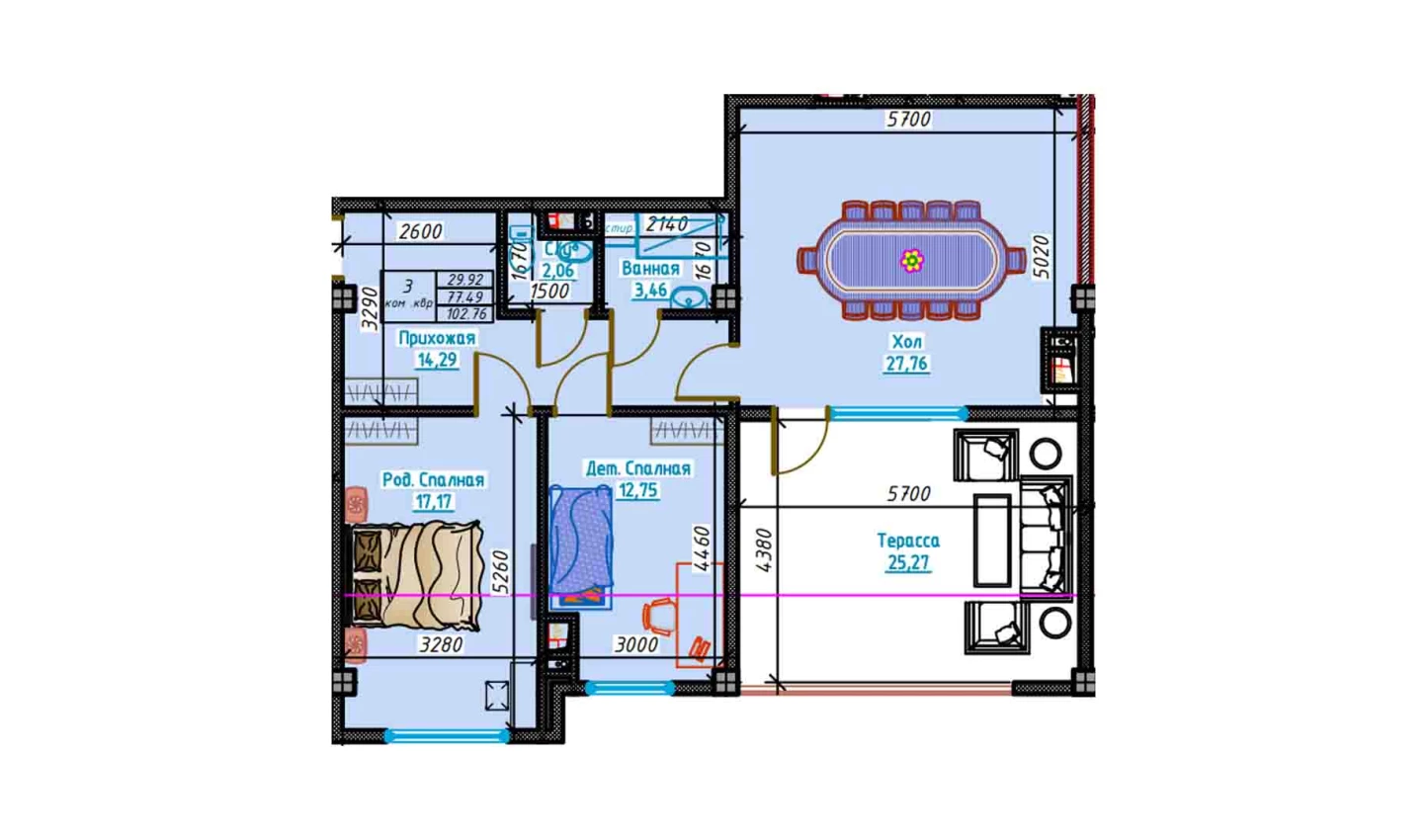 3-xonali xonadon 102.76 m²  13/13 qavat