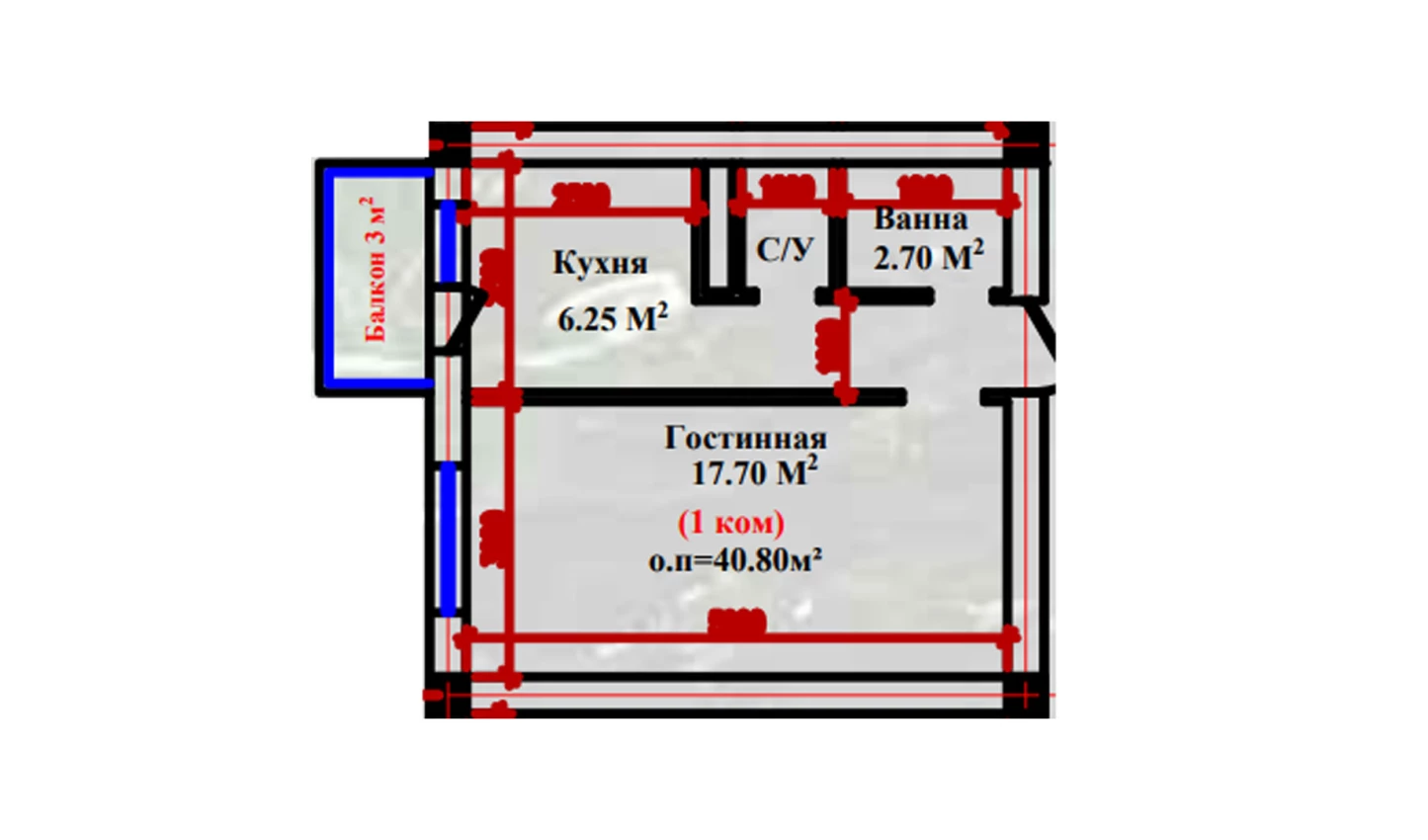 1-xonali xonadon 40.8 m²  2-9/2-9 qavat