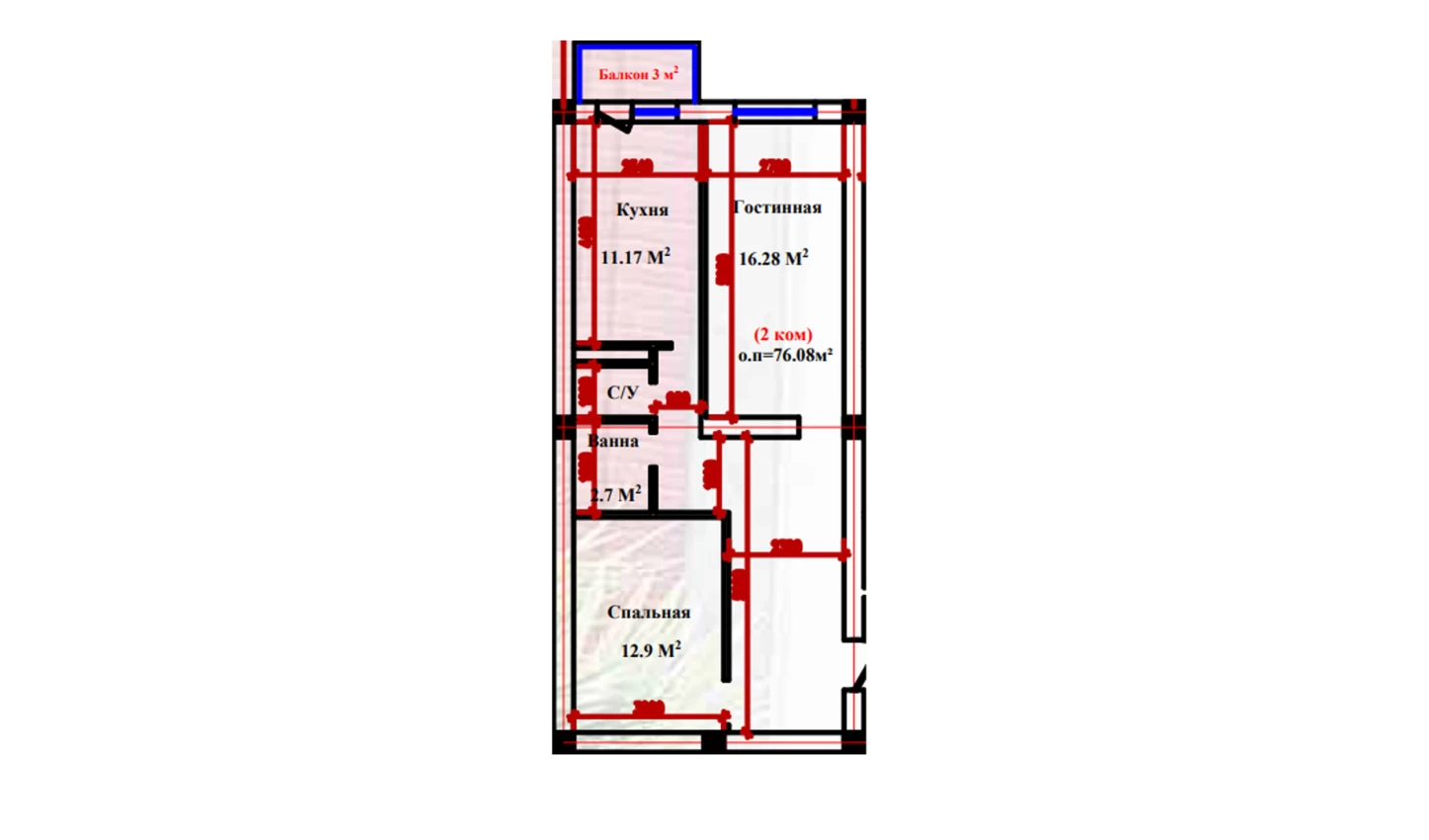 2-xonali xonadon 76.08 m²  2-9/2-9 qavat