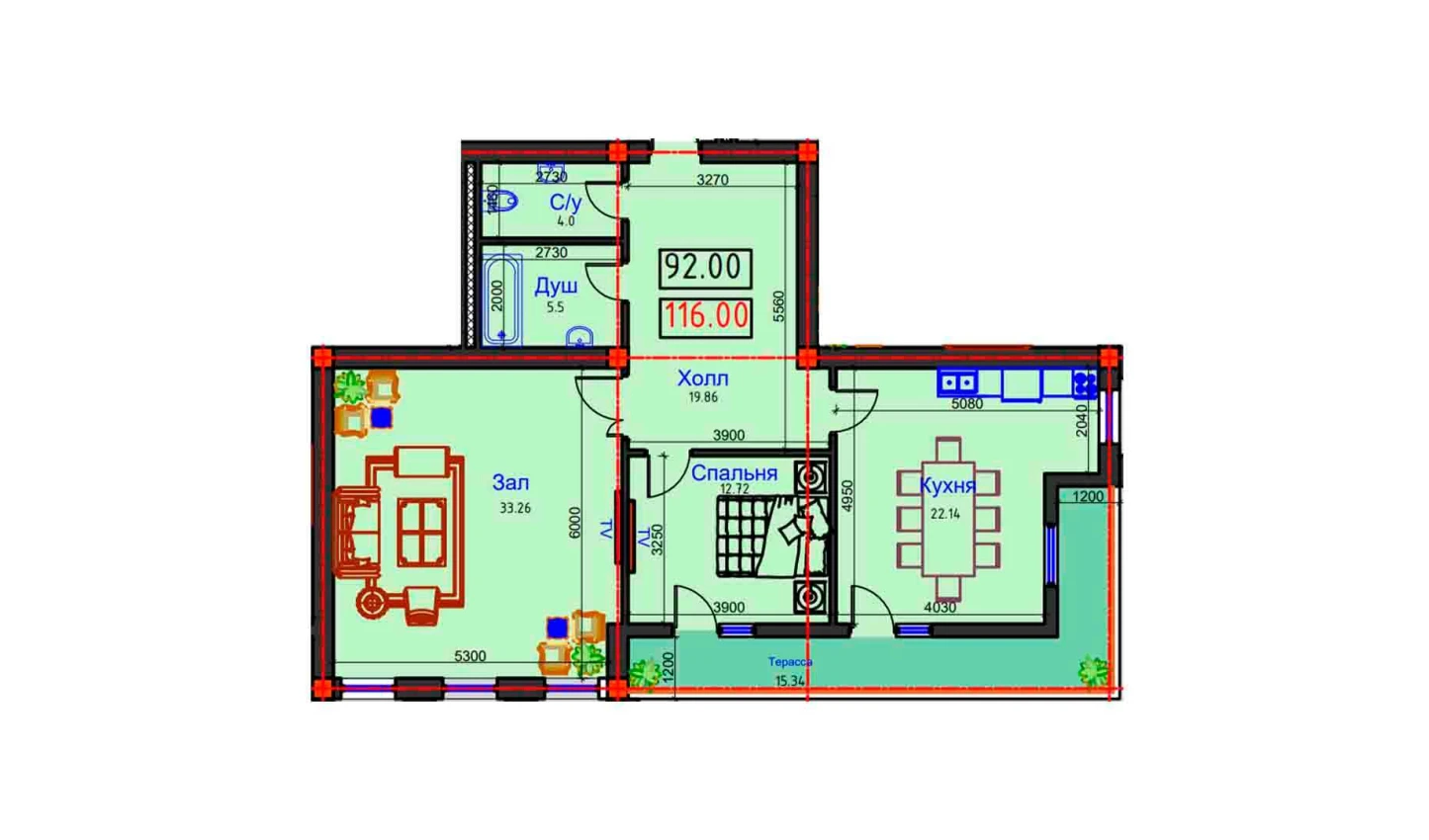 2-комнатная квартира 116 м²  9/9 этаж