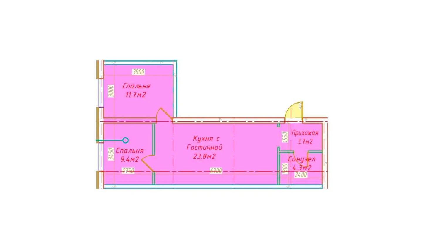 2-комнатная квартира 52.9 м²  1/1 этаж