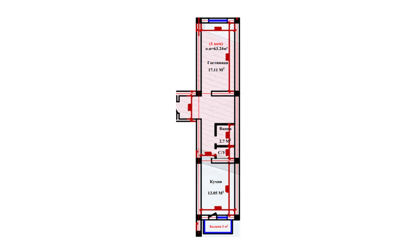 1-xonali xonadon 63.24 m²  1/1 qavat