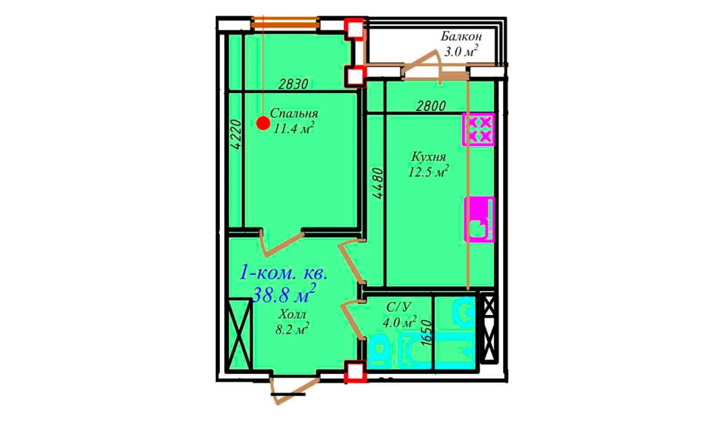 1-xonali xonadon 38.8 m²  7/7 qavat