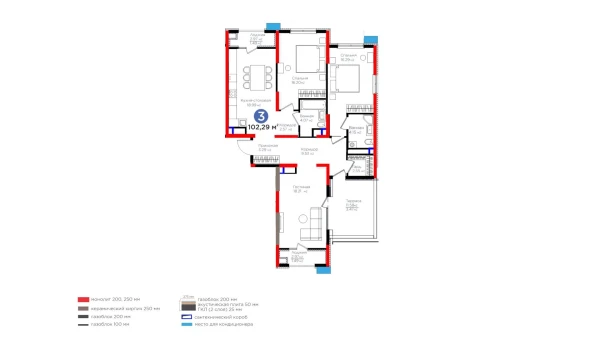 3-xonali xonadon 102.29 m²  9/9 qavat | BI Sad'O Turar-joy majmuasi