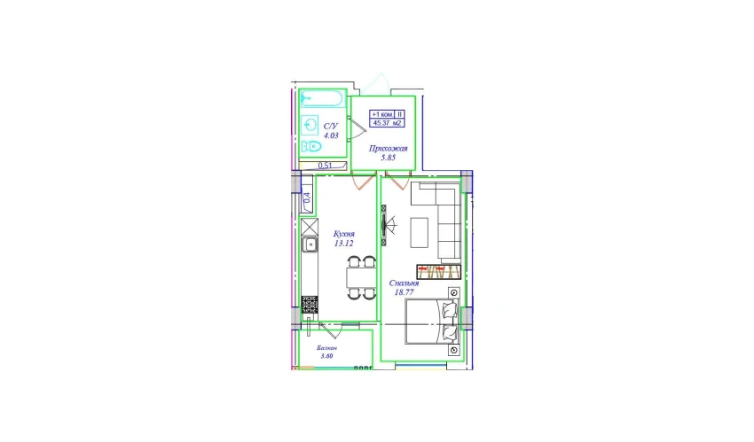 1-комнатная квартира 45.37 м²  6/8 этаж | Жилой комплекс UCHTEPA CITY