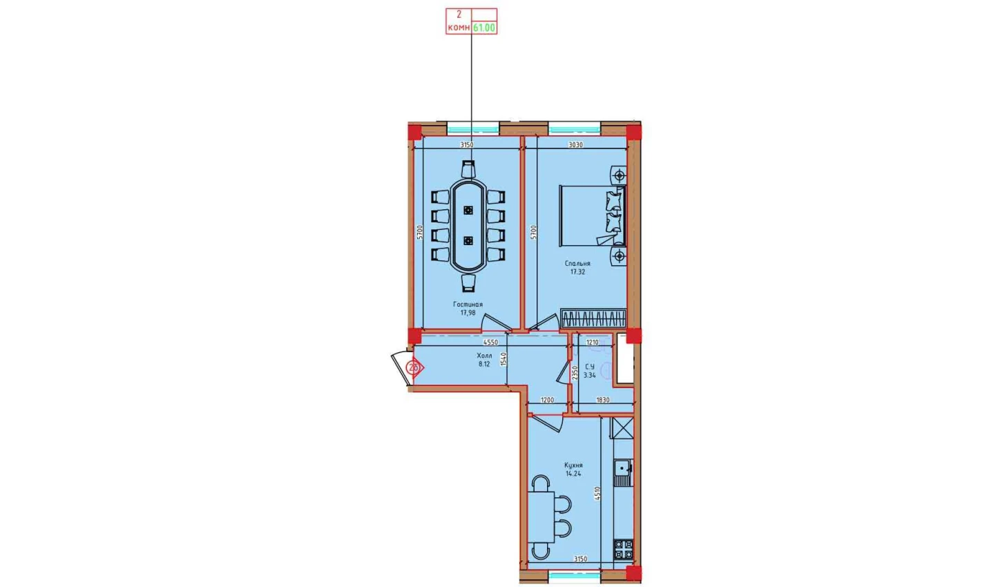 2-xonali xonadon 61 m²  1/1 qavat