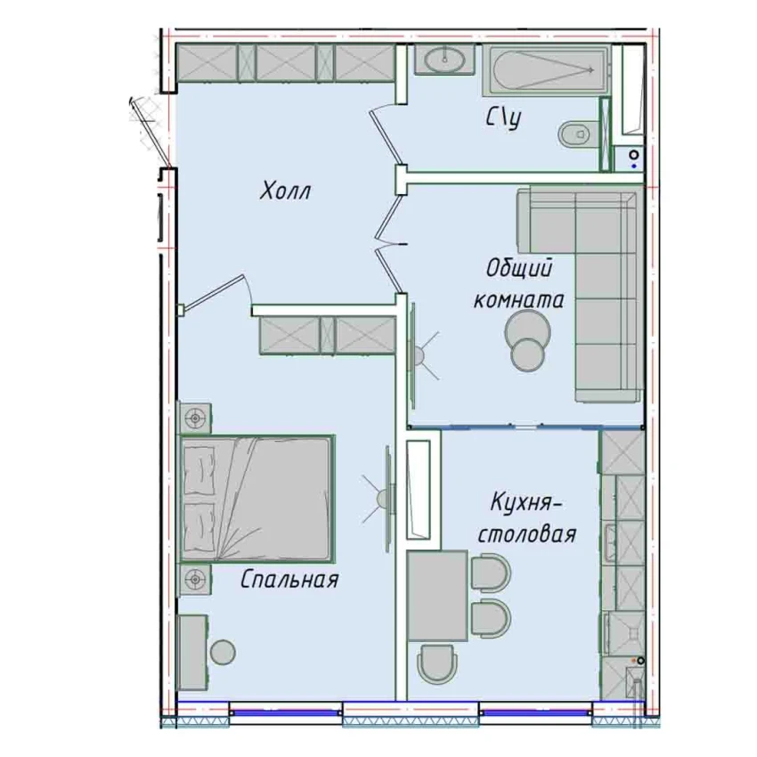 2-комнатная квартира 50.85 м²  1/1 этаж