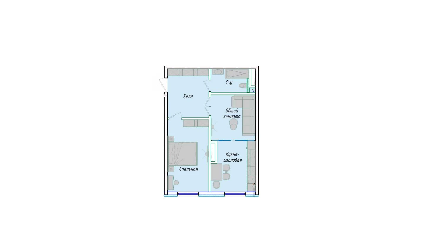 2-комнатная квартира 50.85 м²  1/1 этаж