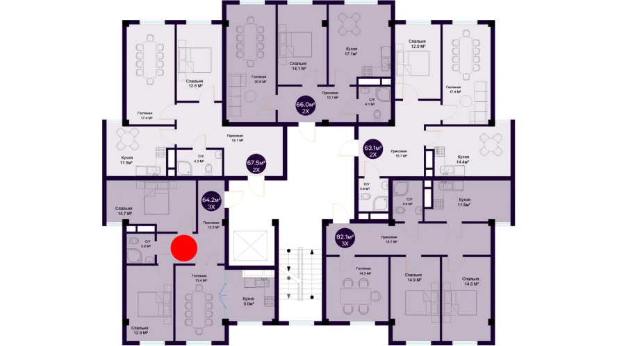 3-комнатная квартира 64.2 м²  7/7 этаж