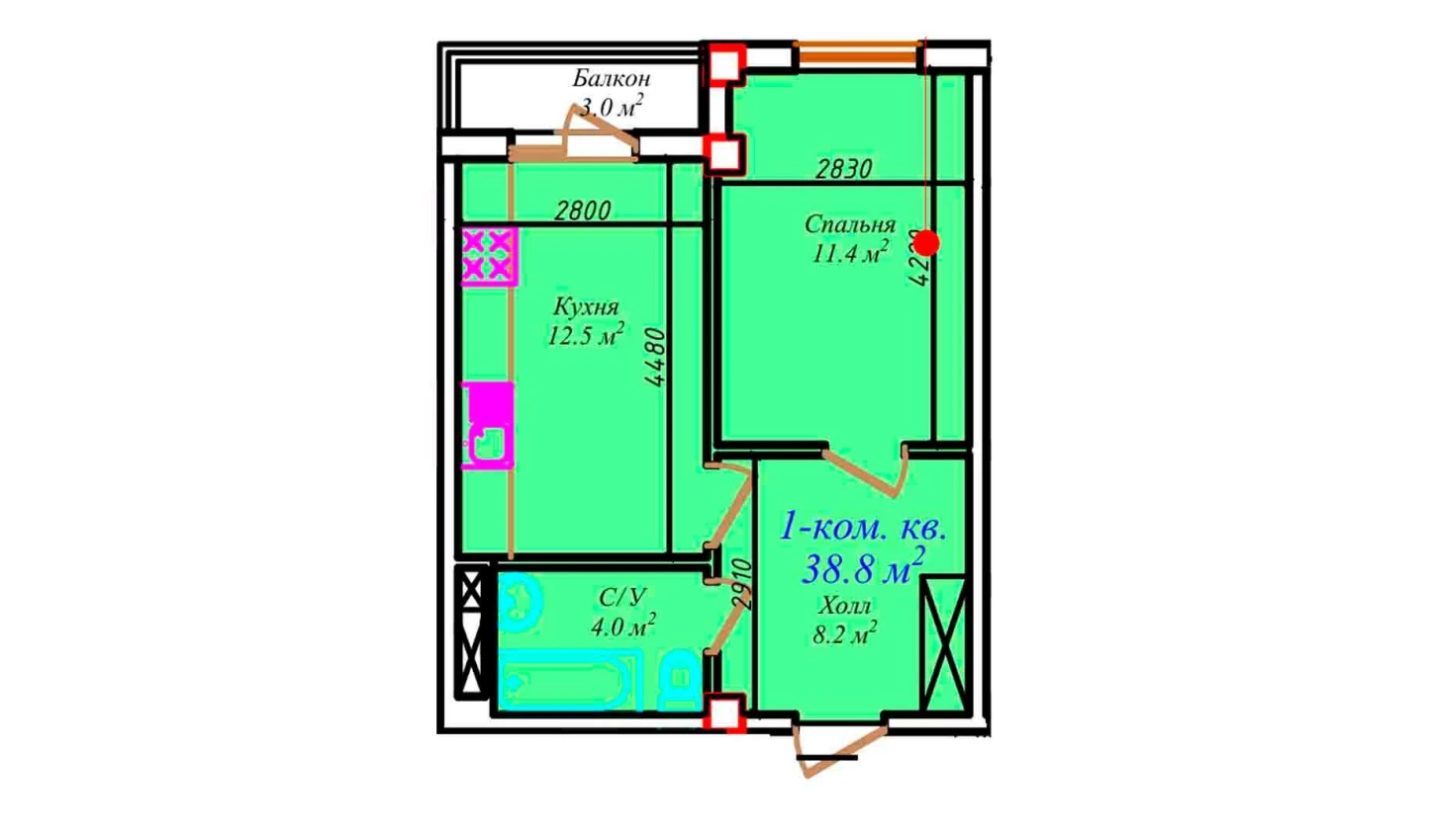 1-комнатная квартира 38.8 м²  7/7 этаж