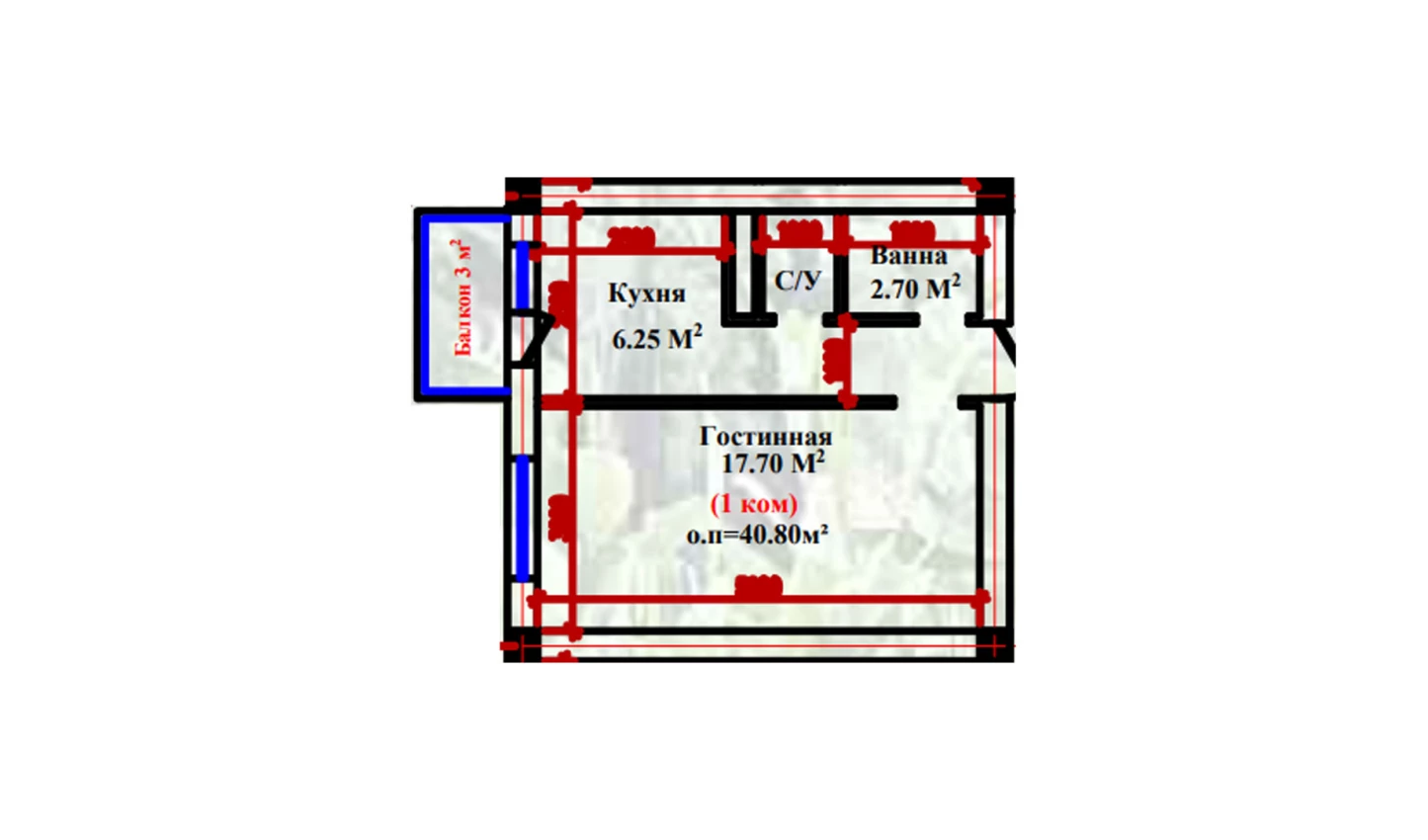 1-xonali xonadon 40.8 m²  1/1 qavat