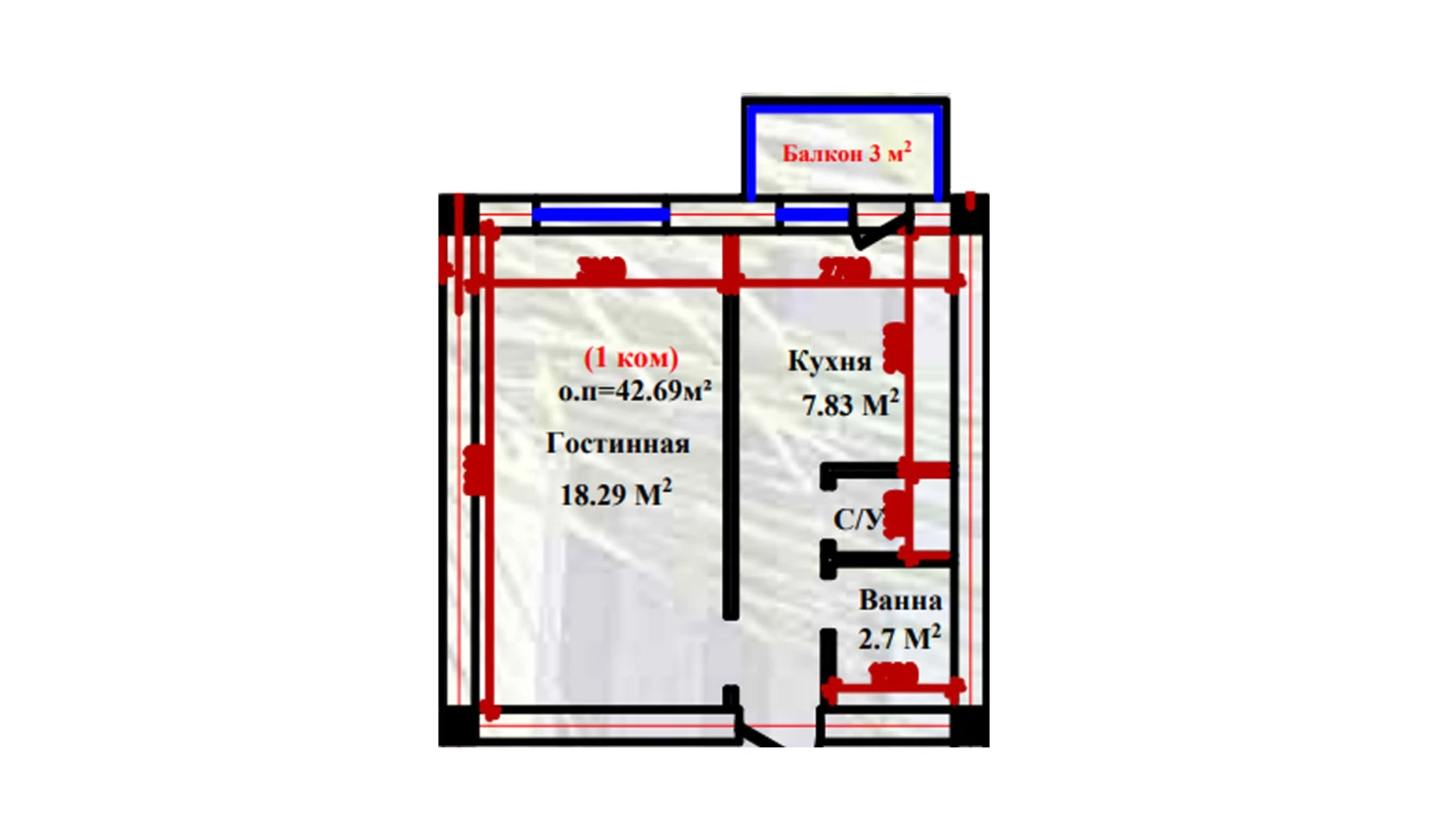 1-xonali xonadon 42.69 m²  1/1 qavat