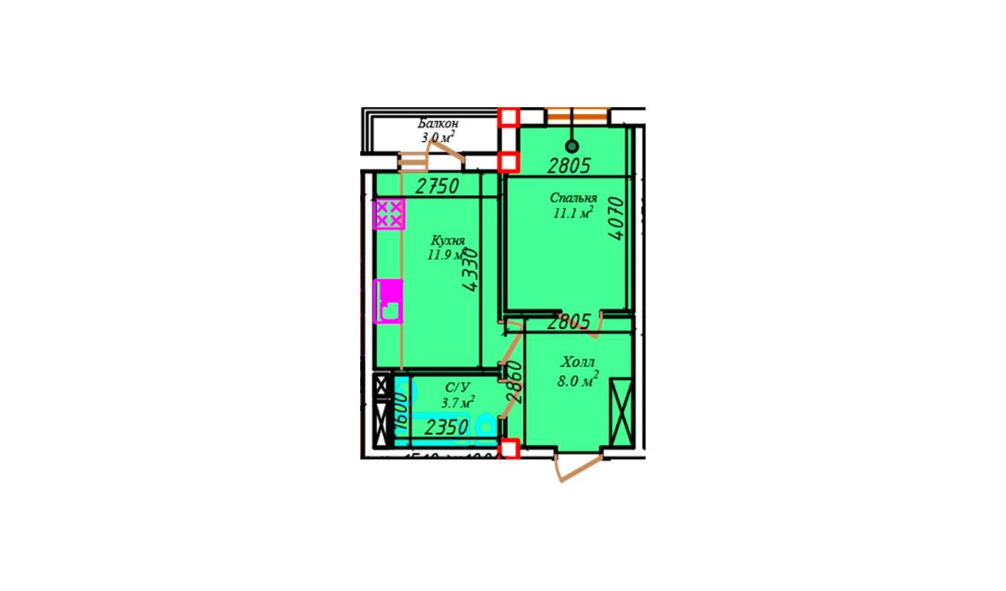 1-комнатная квартира 37.2 м²  4/4 этаж