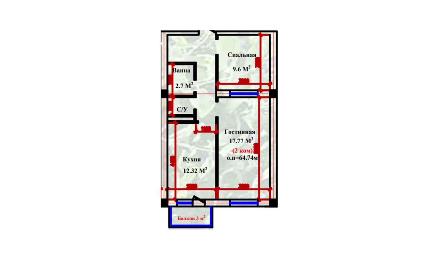 2-xonali xonadon 64.74 m²  2-9/2-9 qavat