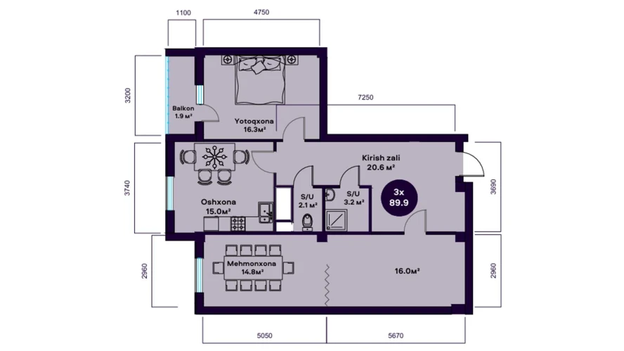 3-комнатная квартира 89.9 м²  4/4 этаж