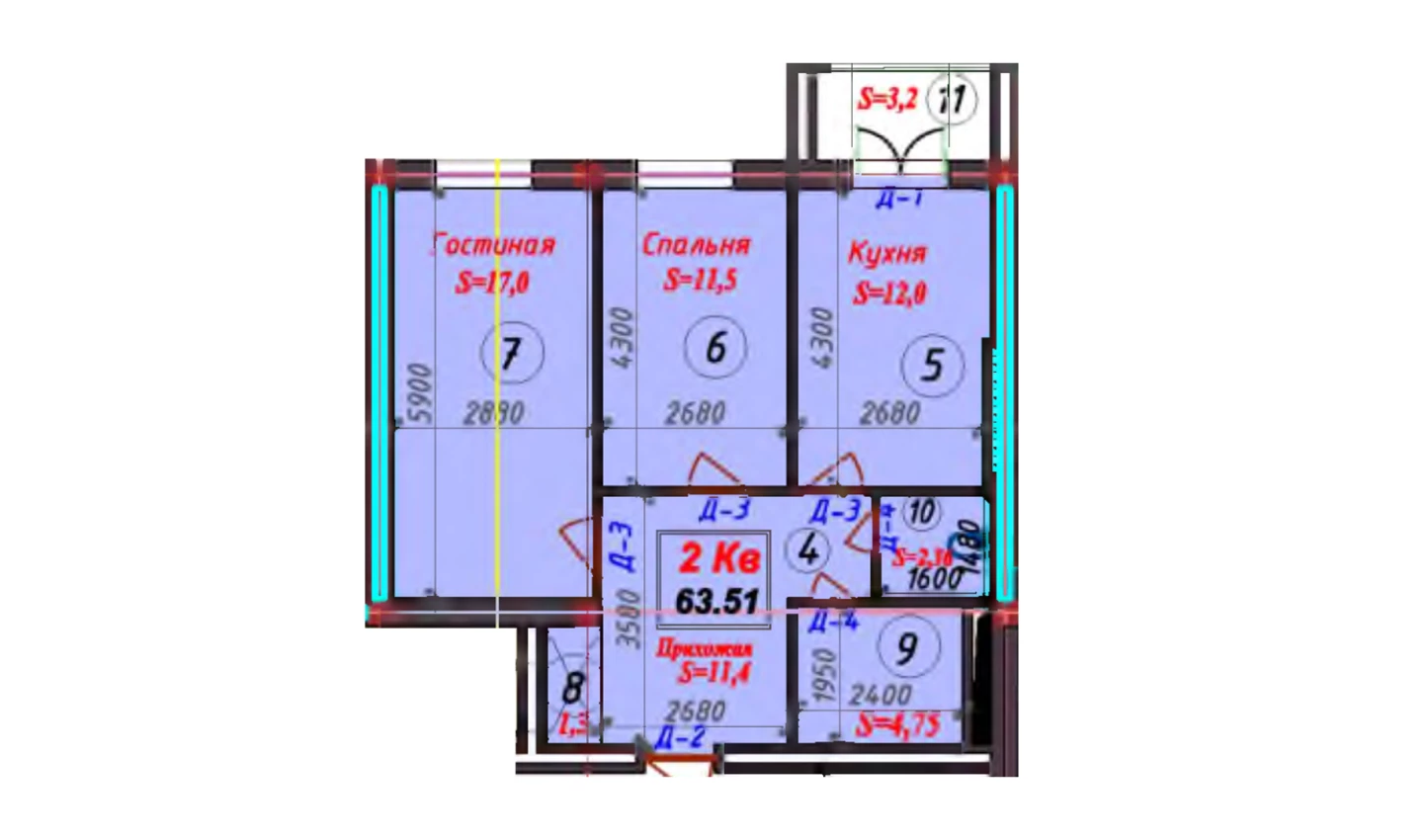 2-комнатная квартира 63.61 м²  5/5 этаж