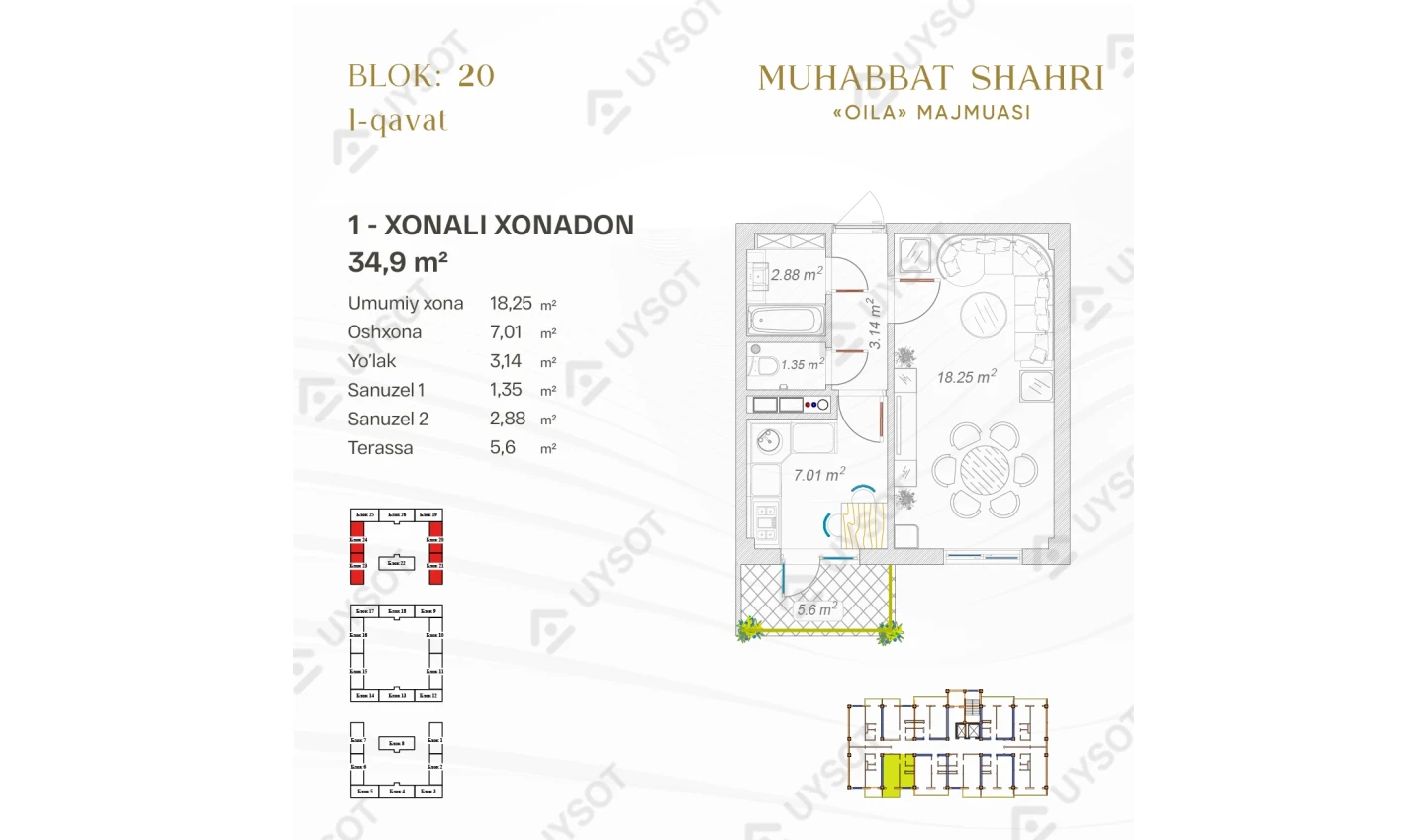 1-xonali xonadon 34.9 m²  1/1 qavat