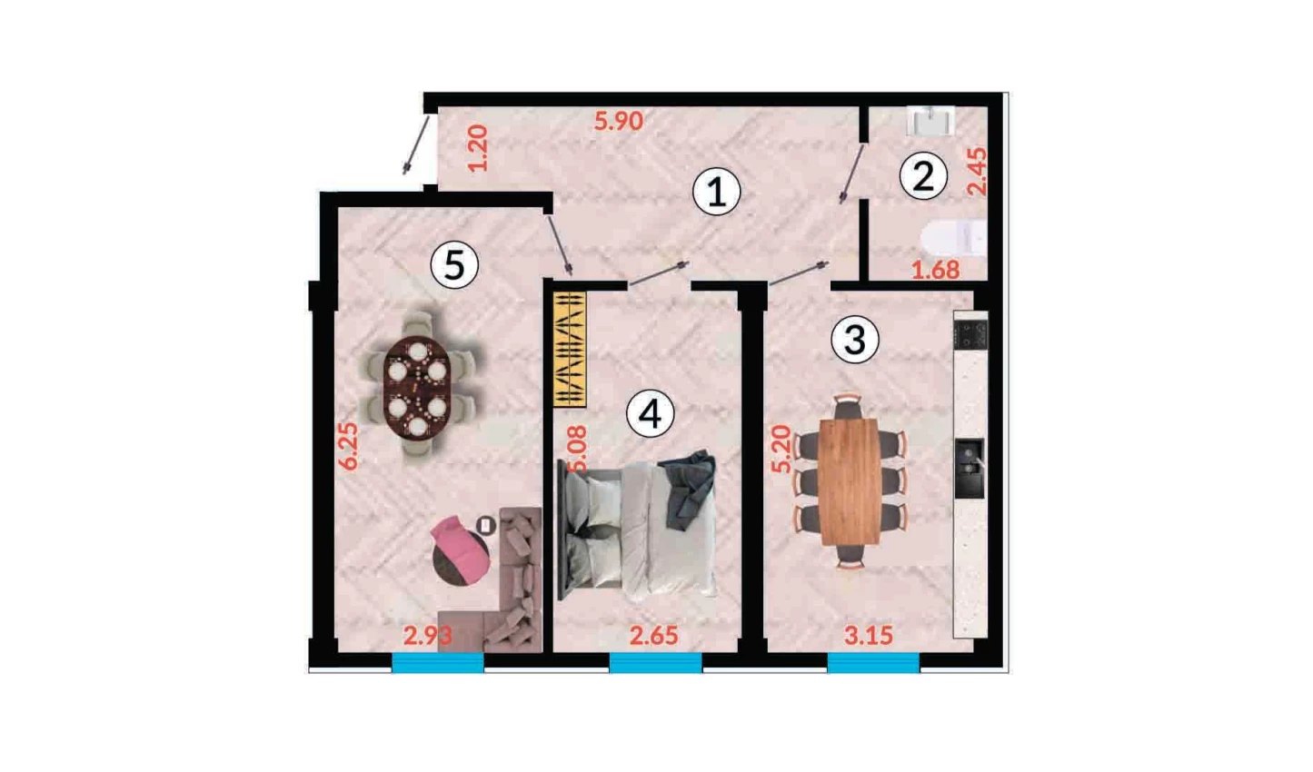 1-комнатная квартира 40.7 м²  5/5 этаж