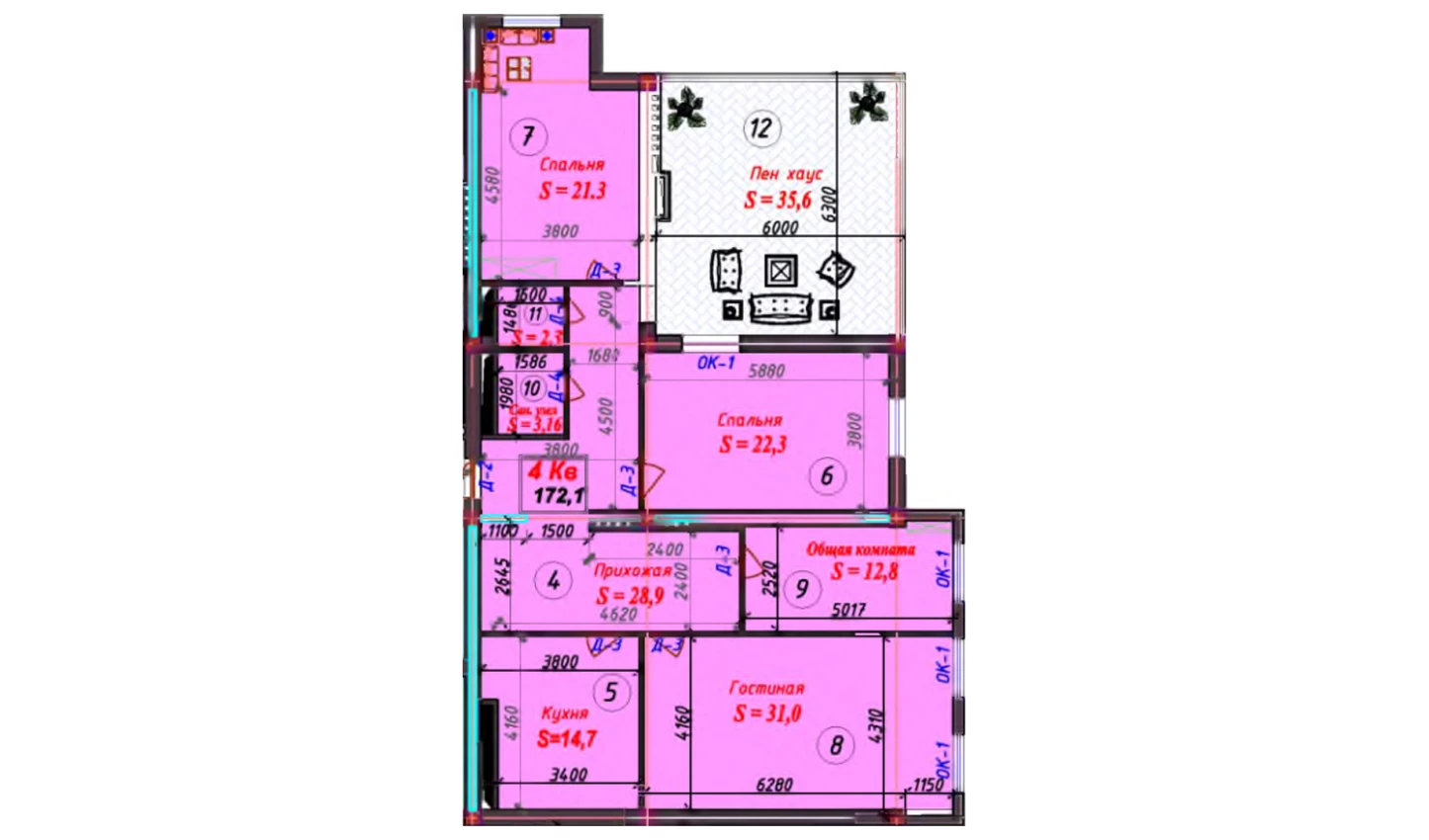 4-комнатная квартира 172.1 м²  7/7 этаж