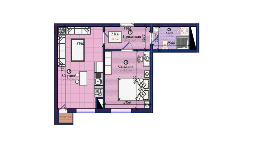 2-комнатная квартира 39.3 м²  4/4 этаж