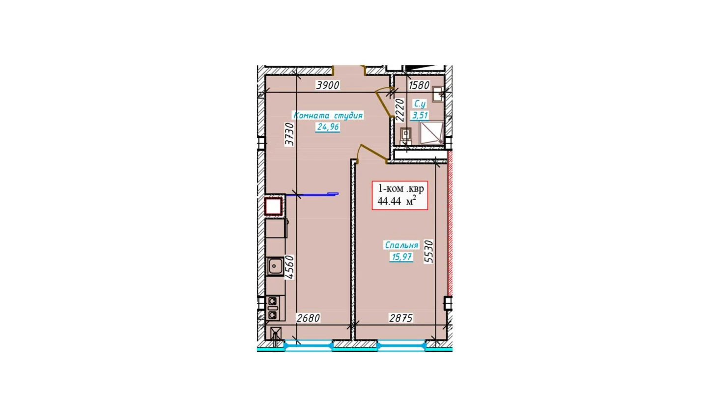 1-xonali xonadon 44.44 m²  5/9 qavat | Aero Town Turar-joy majmuasi