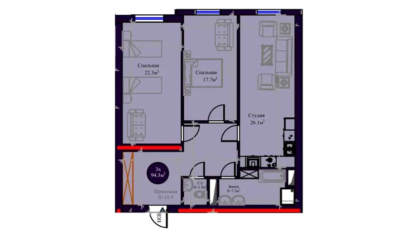 3-xonali xonadon 94.3 m²  11/14 qavat | Zamin Urgut Turar-joy majmuasi