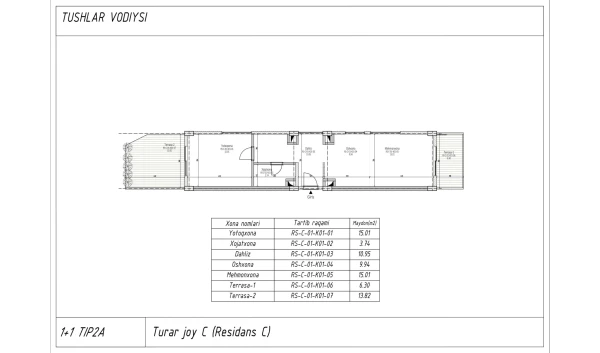 2-xonali xonadon 60.69 m²  1/7 qavat | TUSHLAR VODIYSI Turar-joy majmuasi