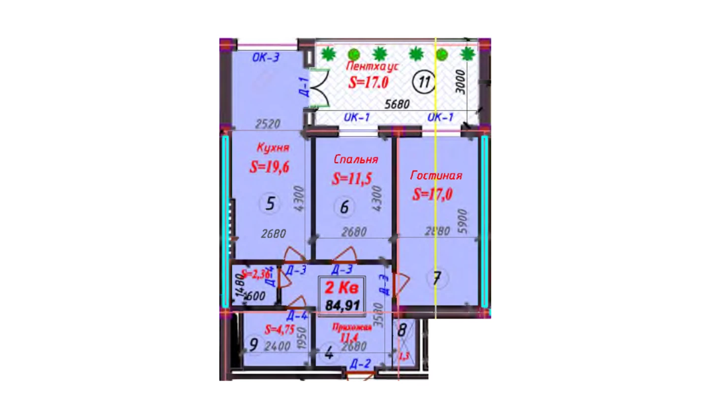 2-комнатная квартира 84.91 м²  2/2 этаж