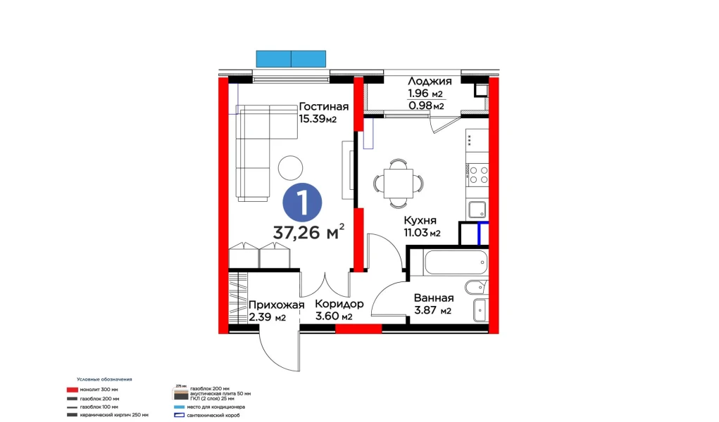 1-комнатная квартира 37.26 м²  3/3 этаж