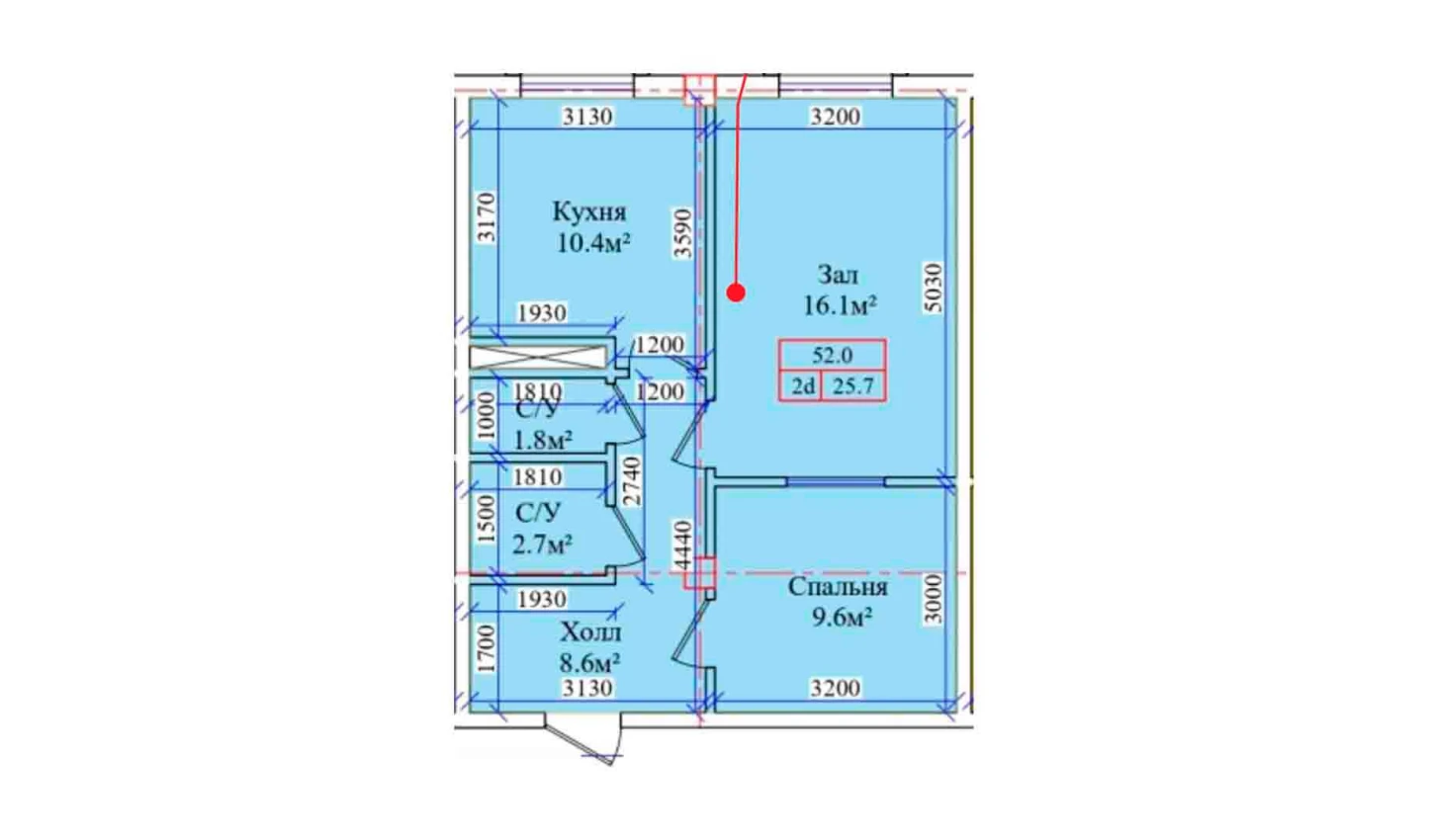 2-xonali xonadon 52 m²  1/1 qavat