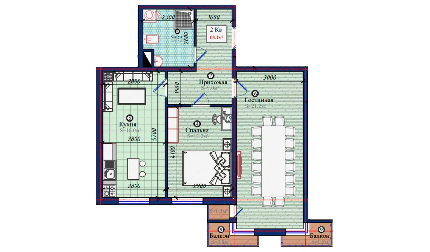 2-комнатная квартира 68.1 м²  3/3 этаж