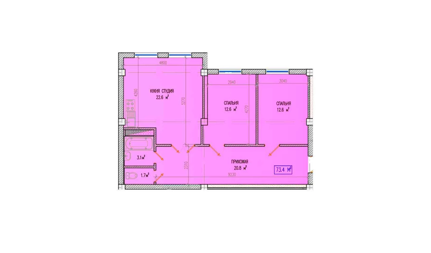 3-комнатная квартира 73.4 м²  1/1 этаж