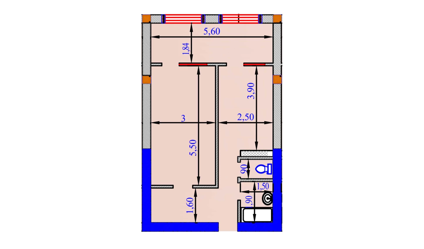 1-xonali xonadon 57.4 m²  9/9 qavat