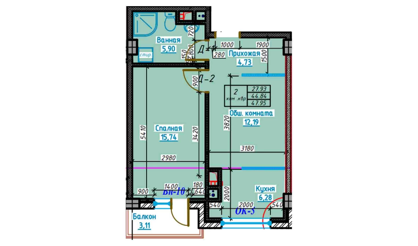 2-комнатная квартира 47.9 м²  2/2 этаж