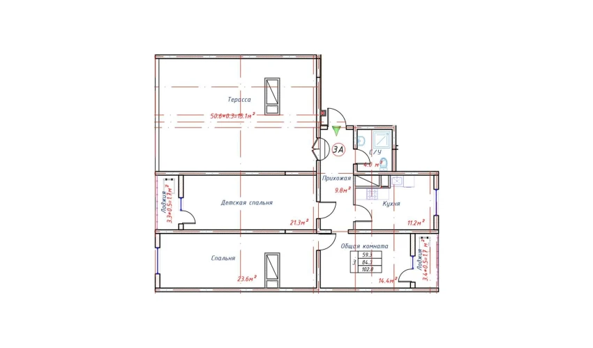 3-комнатная квартира 102.8 м²  16/16 этаж | Жилой комплекс TRINITY