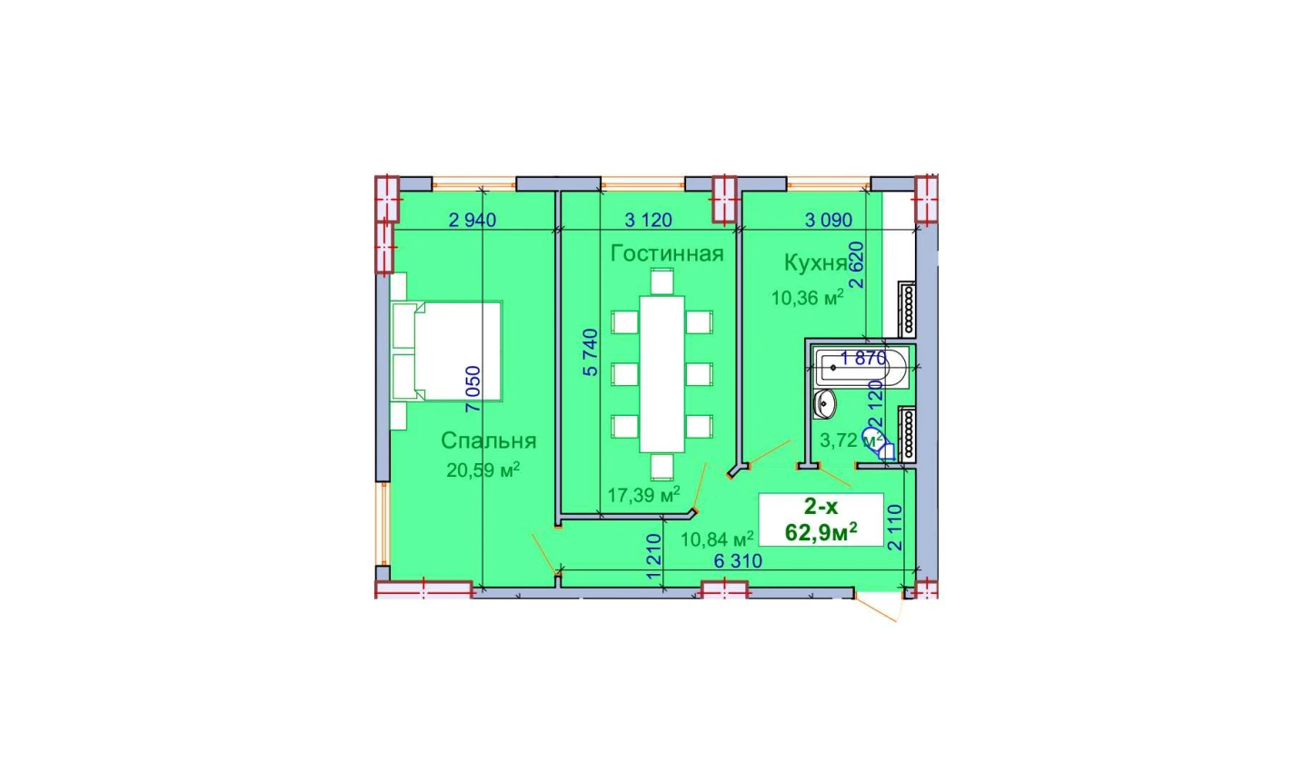 2-комнатная квартира 62.9 м²  1/1 этаж